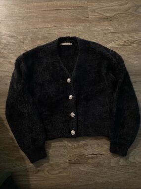 Only Black Fuzzy Cropped Cardigan with Pearl Buttons Size 7-8Y